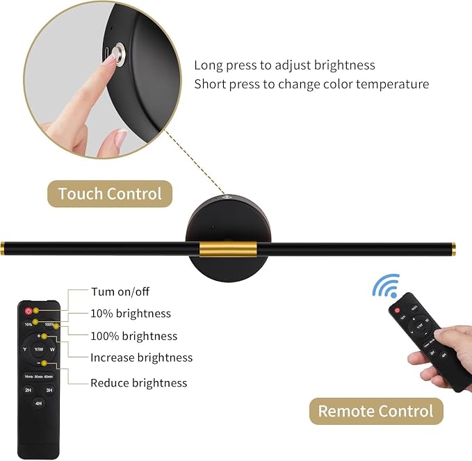 32" Battery Operated Wall Sconce Set of 2, Black Gold Wall Light | Wireless, 8000mAh Rechargeable Battery, Stepless Dimming, 3000K-6000K, Remote & Touch Control, Timer, Living Room, Bedroom