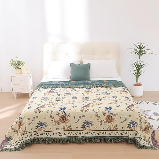 VANJOROY Boho 100% Cotton Large Throw Blanket - All Season Rustic Ultra Soft Breathable Floral Bird King Blanket for Bed Sofa Couch Chair Bedspread Quilt Gift, 91" x 98"-Teal/Beige