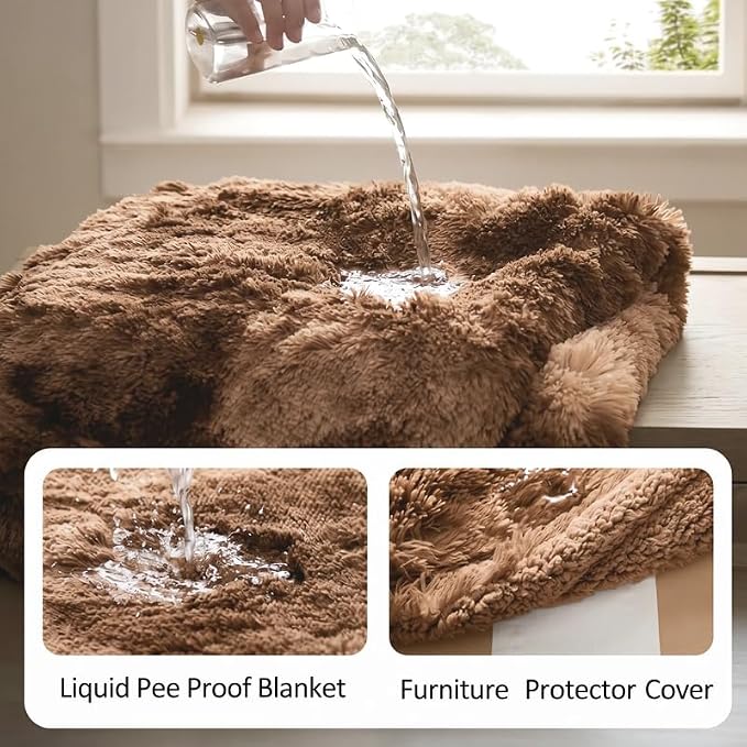 Pet Blankets Waterproof Fluffy Fleece Blanket Cat Dog Blankets Liquid Pee Proof Throw Blanket Reversible Furniture Protector Cover Washable for Couches Beds Sofa 57"x40" Brown