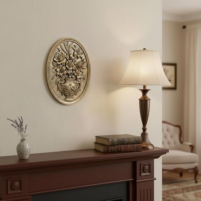 Newinhome Vintage Flower Wall Sculpture, Antique Wall Decor, Hand Painted Wall Decorations with Embossed Flower Design, Antique Pediment, Gold Decor for Living Room Bedroom Hallway, Unique Gifts