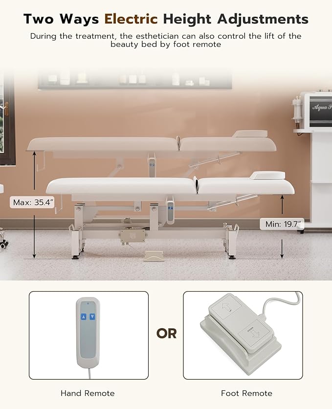 Icoget Electric Lift Massage Table Bed and Stool, Spa Facial Treatment Table w/Face Hole, Adjustable Backrest Medical Table Beauty Beds for Esthetician, Wax, Lash Extension,White