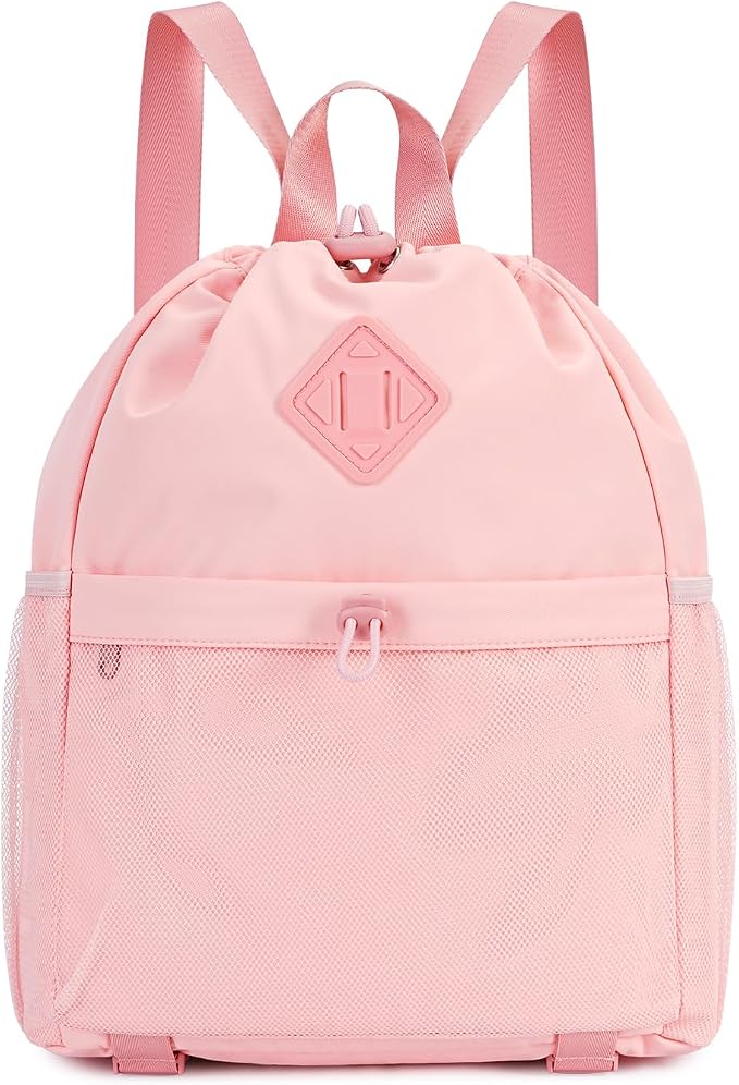 WANDF Drawstring Backpack for Women, Lightweight Gym Bag with Yoga Mat Strap, Water-Resistant String Backpack with Mesh Pocket (Pink, Patent Pending)