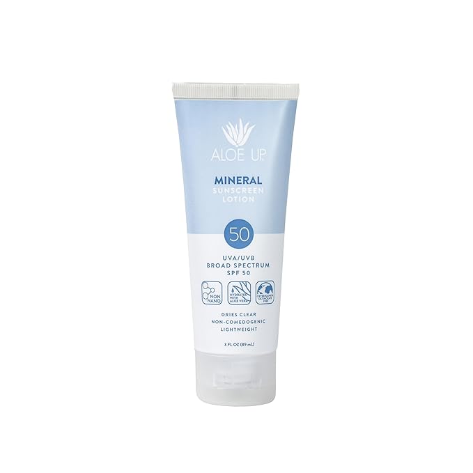 Aloe Up Mineral Sunscreen Lotion SPF 50 - Broad Spectrum UVA/UVB Sunscreen Protector for Face and Body - With Gen2 Zinc Oxide & Aloe Vera Gel - Dries Clear - Reef Safe - Coco-Mango Fragrance - 3 Oz.