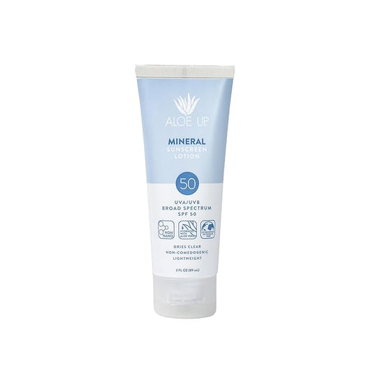 Aloe Up Mineral Sunscreen Lotion SPF 50 - Broad Spectrum UVA/UVB Sunscreen Protector for Face and Body - With Gen2 Zinc Oxide & Aloe Vera Gel - Dries Clear - Reef Safe - Coco-Mango Fragrance - 3 Oz.