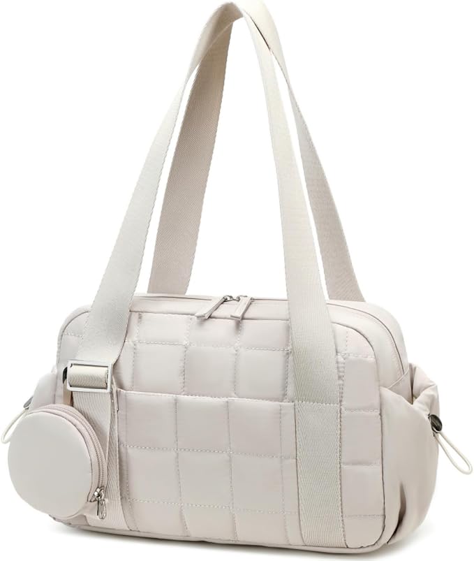 CAMTOP Mini Gym Bag for Women, Small Gym Tote Bag Puffy Quilted Sports Duffel Bag with Wet Compartment and Coin Purse Duffel Bags Dance Yoga Workout Bag for Gifts (Beige, Mini-12.6")
