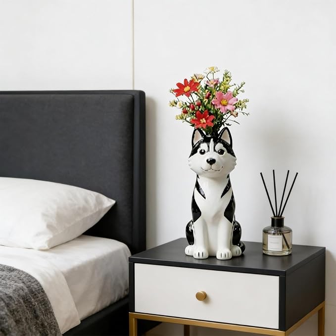 Quirky Dog Vase, Whimsical Boho Dog Flower Vase, Handcrafted Resin Decorative Dog Vases for Small Flowers, Funny Animal Resin Vases, Cute Puppy Planter for Desk Shelf, Boho Home Office Decor