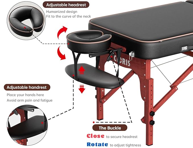 CLORIS 84" Professional Massage Table Portable Reinforced Wooden Leg Hold Up to 1100LBS 2 Folding Lightweight Spa Salon Tattoo Massage Bed Height Adjustable with Carrying Bag - Black