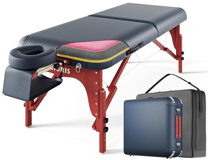 CLORIS 84" Luxury Massage Table Portable 2 Folding Lightweight Facial Salon Spa Tattoo Bed Height Adjustable with Carrying Bag & Wooden Leg Hold Up to 1500LBS Blue
