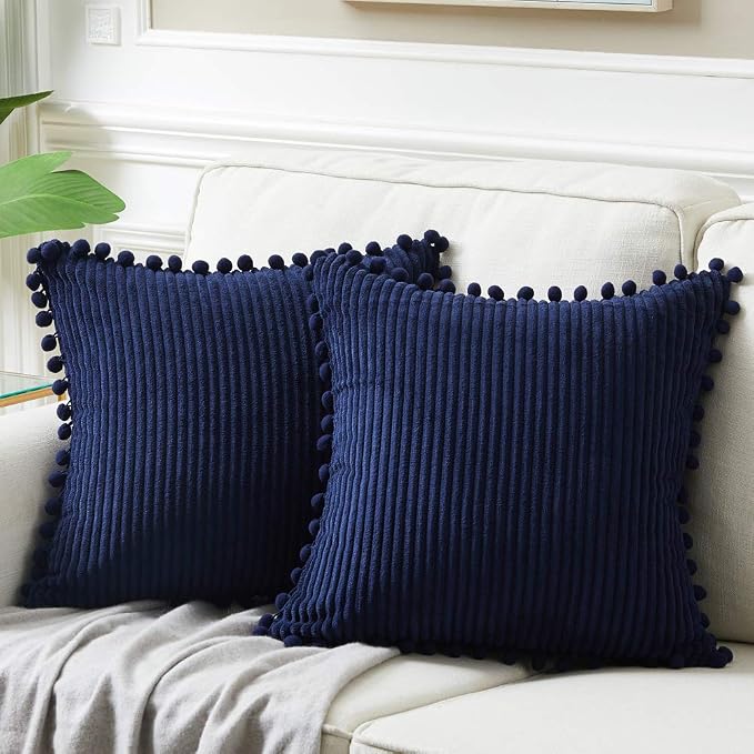Fancy Homi Set of 2 Navy Blue Decorative Throw Pillow Covers 12x12 Inch with Pom-poms for Couch Bed Sofa, Modern Farmhouse Boho Home Decor, Soft Plush Corduroy Cute Cushion Case 30x30 cm