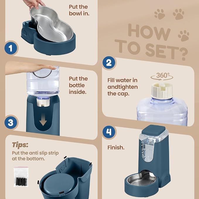 1 Gallon Automatic Cat Feeder Gravity Stainless Steel Water Dispenser Dog Feeder for Small Medium Puppy Kitten Pets Water Feeding Bowls, Dark Navy