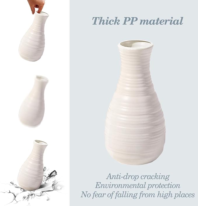 Unbreakable Vase for Flowers, Ceramic Look Plastic Vase for Home Decor, Living Room, Table (Seashell White)