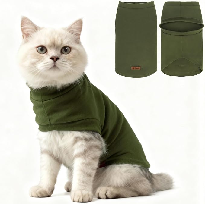 Cat Sweater Warm Fleece Pet Clothes for Cats Only | Soft Cat Vest Puppy Hoodie Coat, Fall Cold Winter Sweatshirt Pullover Clothing also for Small Dogs, Army Green S