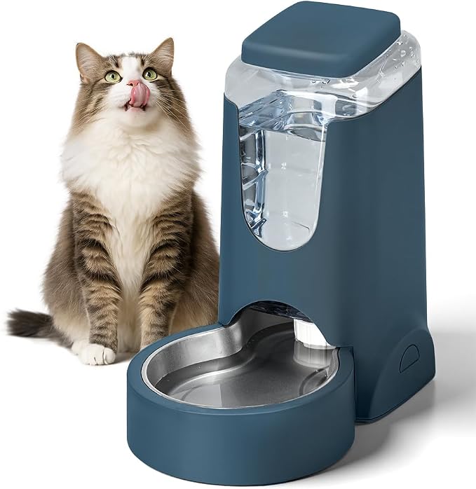 1 Gallon Automatic Cat Feeder Gravity Stainless Steel Water Dispenser Dog Feeder for Small Medium Puppy Kitten Pets Water Feeding Bowls, Dark Navy