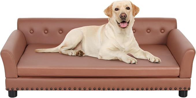 XL Leather Dog Sofa: Scratch Resistant Pet Couch up to 132lbs | Extra Large Luxury Modern Indoor Dog Furniture, Elevated Wooden Frame Doggie Lounge Bed, Replaceable Cover, Easy Clean