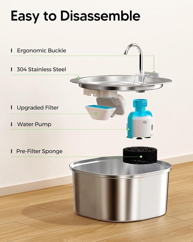 PEKTACO Cat Water Fountain, 3.2L Pet Drinking Fountain with 3 Filters | Stainless steel cat drinking fountain, dishwasher safe, with triple filtration, quiet pump, faucet for cats and small pets
