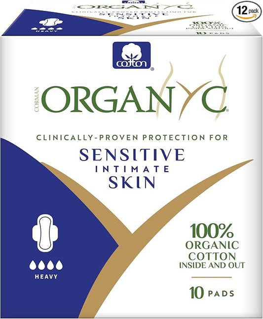 Organyc - 100% Certified Organic Cotton Feminine Pads, Sanitary Napkin 120 Count, Heavy Flow(Bulk Size, 12 Pack)