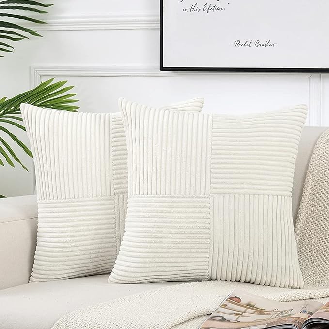 Fancy Homi Cream White Decorative Throw Pillow Covers 20x20 Inch for Living Room Couch Bed Sofa, Farmhouse Boho Home Decor, Soft Corss Corduroy Patchwork Accent Square Cushion Case 50x50 cm