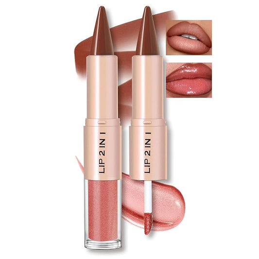 Lip Liner Gloss Lip Combo Set, 2 in 1 Lip Duo Natural Nude Lip Liner Lipstick Glossy Nourishing Coral Dewy Gloss Lip Kit,Smooth Quick Fuller Plumping Juicy Lip Makeup for Women04#Mellow Papaya