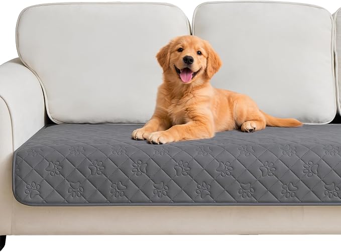 PAWFINITY Waterproof Couch Covers for Dogs, Pet Blanket for Sofa Washable | Paw Print Quilted, Hair Resistant, Anti Cat Scratch, Pee Proof Furniture Protector for 3 Seat Sofa and Bed, 30x80 Inch, Grey