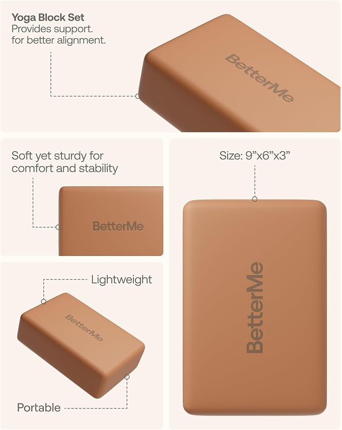 BetterMe Yoga Blocks Set of 2 – High Density Foam Yoga Blocks for Stretching, Pilates & Workouts – Lightweight Non-Slip Exercise Blocks for Flexibility & Balance
