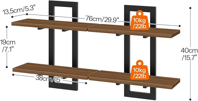 HOOBRO Floating Shelves, 15 Inch Wall Shelf Set of 2, Wall Mounted Storage Shelves 2-Tier, Hanging Bathroom Shelves, for Living Room, Bedroom, Bathroom, Kitchen, Walnut and Black BH32BJ01