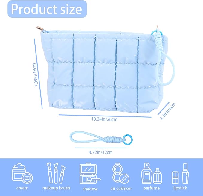 Puffer Quilted Makeup Bag Travel Cosmetic Bag Portable Puffy Checkered Toiletry Pouch Skincare Organizer Purse Pencil Case (Light Blue)