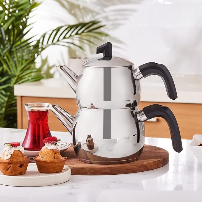 Karaca Belinay Teapot Set Silver Black, Medium Teapot, 18/10 Stainless Steel, Teapot/Lid (1 lt, 2.20 lb), Tea Kettle (1.6 lt, 3.5 lb), Suitable for Induction