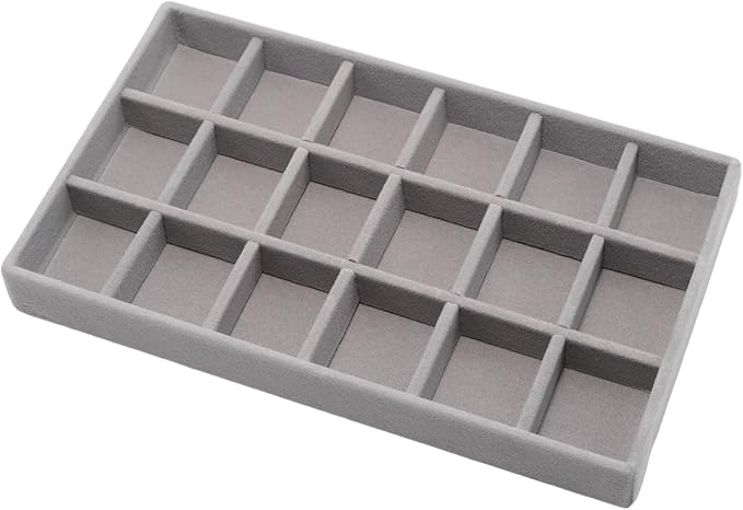 Velvet Jewelry Organizer Trays Gray, 18 Grids | Stackable Jewelry Storage Display Tray with Removable Dividers for Drawer Dresser Cloest