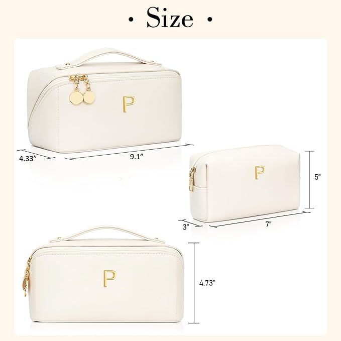 Birthday Gifts for Women Teen Girl, Personalized Initial Makeup Organizer Bag Set, Open Flat Travel Cosmetic Bag With Clear Divider and Handle(Beige,P)
