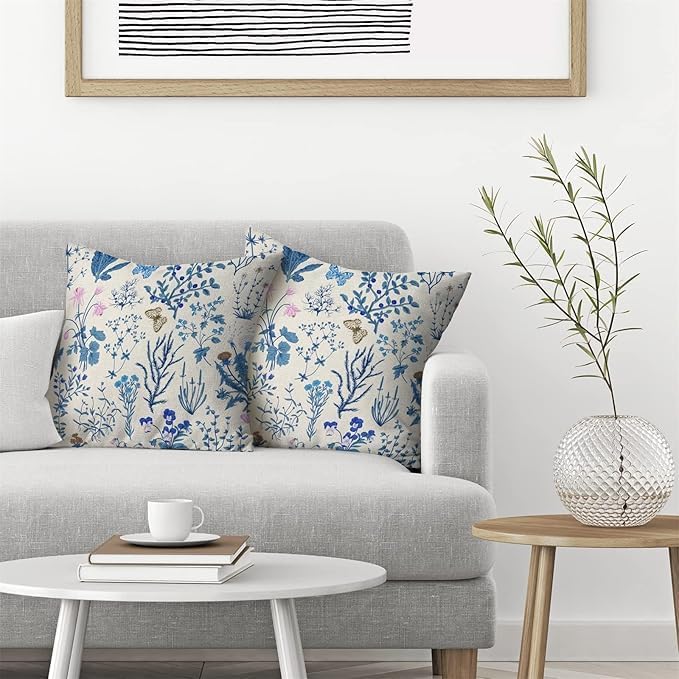 AEIOAE Summer Pillow Covers 22x22 Inch Set of 2,Blue Wild Flower Plant Throw Pillows Case,Seasonal Floral Outdoor Decorative Square Linen Farmhouse Decor Cushion Covers for Home Sofa Bed Couch