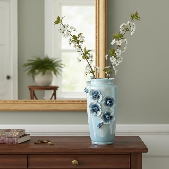 Blue Ceramic Vase 9 Inch - Modern Decorative Flower Vase for Centerpiece, Kitchen Table Living Room Home Decor