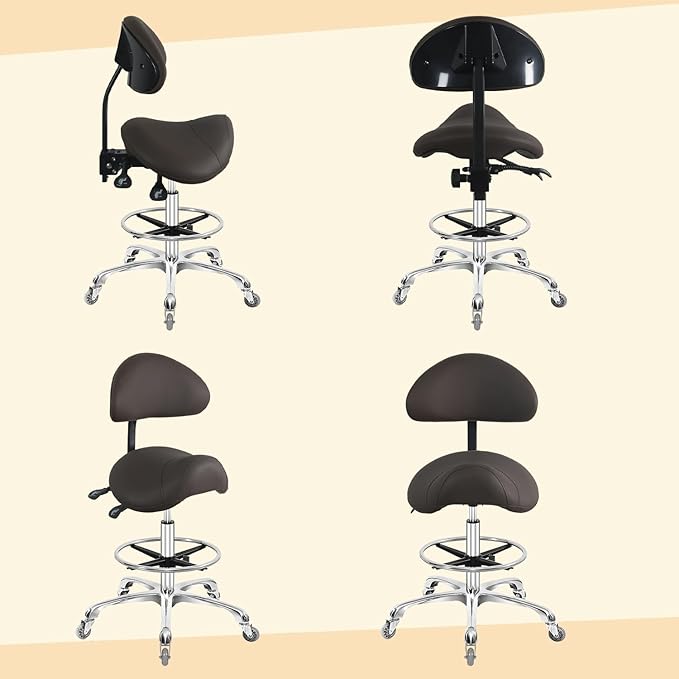 Saddle Stool Chair with Back Support Footrest, Heavy-Duty(350LBS), Hydraulic Rolling Swivel Adjustable Stool Chair for Salon Spa Beauty Massage Dental Clinic Home Office Use(Coffee)