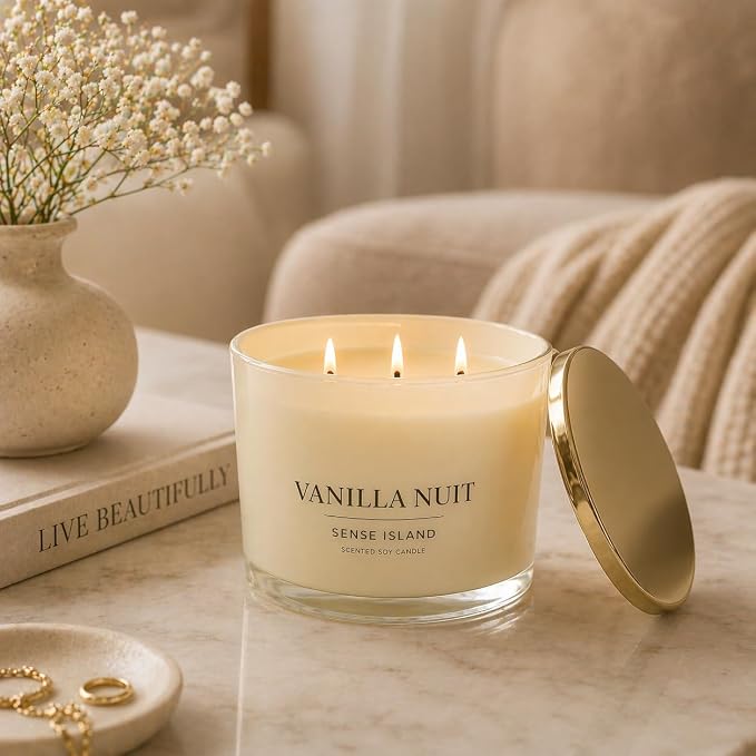 Vanilla Nuit 3 Wick Soy Candle – Large Creamy Vanilla Scented Candle for Home with Gold Lid & Beige Glass Vessal, Natural Soy Wax, Long Lasting Burn – Sensual Gourmand Fragrance, Luxury Gift for Women
