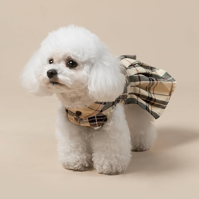 PUPTECK Classic Beige Plaid Dog Dress with Bow Puppy Skirt Clothes S | Cute Chic Cat Puppy Clothes for Small Medium Large Dogs Girl Pet Apparel Outfits Costume for Birthday Wedding Party Holiday