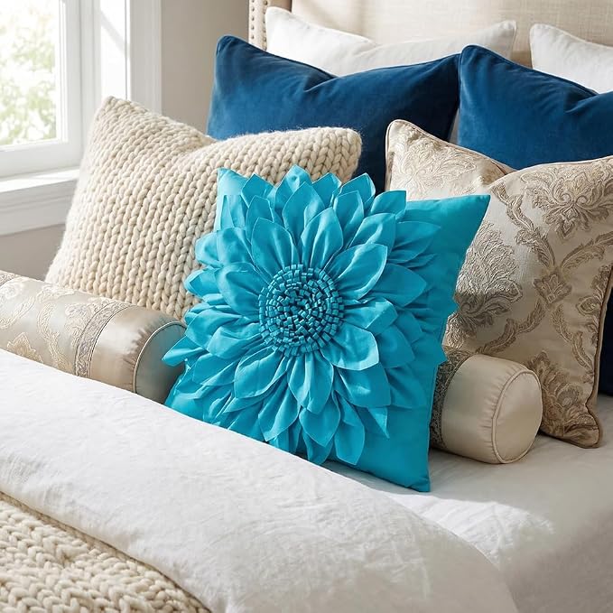 Teal Blue Accent Flower Decorative Throw Pillow Covers for Bed Sofa Couch | Bella's Giftshop Handmade Sunflower Taffeta Pillow Cases Living Room Bedroom Decor, 18x18 Inch