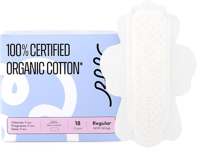 RPE Life 100% GOTS Organic Cotton Period Pads with Wings, Size 3, 18 Count | Ultra thin Size 3 pads with wings; fast absorption, breathable comfort, unscented daily period care for sensitive skin.