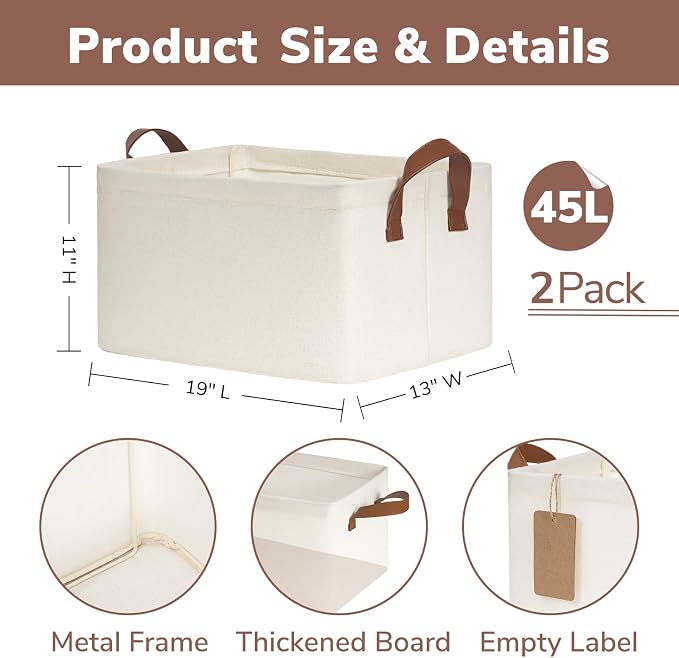CHICVITA Extra Large Fabric Storage Baskets, Metal Frame, 2-Pack, Beige | 45L, 19" L x 13" W x 11" H, Collapsible Design, Toys, Blankets & Clothes Storage, Closet, Bedroom & Living Room Organization