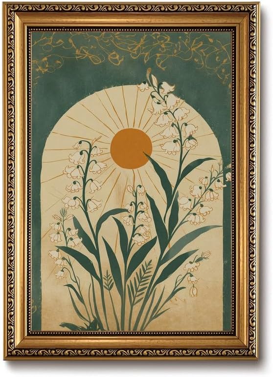 ZLPLLHA Lily Of The Valley Gold Framed Wall Art Boho Pictures Wall Decor | Wall Art Vintage Canvas Art Decor Emerald Green Botanical Paintings Artwork Retro Art Prints For Bedroom Living Room