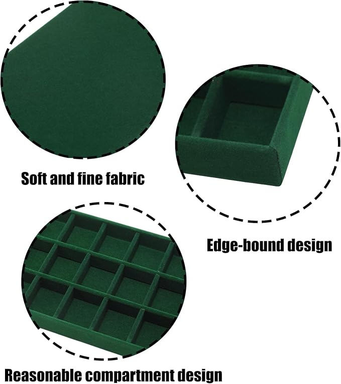 Velvet Jewelry Organizer Trays Dark Green 18 Grids | Stackable Jewelry Storage Holder Display Tray with Removable Dividers for Drawers