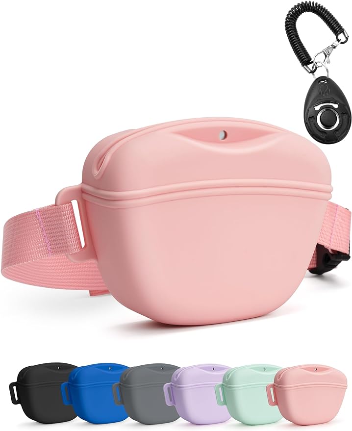 heouvo 1.67 Cup Dog Treat Pouch with Training Clicker (Pink) | Magnetic Closure, Silicone Bag with Waist Belt for Pet Training & Walking, Easy One-hand Treat Access