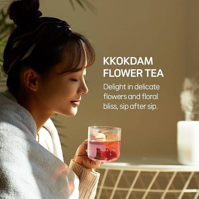 KKOKDAM Premium Flower Tea Stick Sampler with Wooden Tray - 5 Handcrafted Blooming Herbal Tea Variety Pack in Glass Tubes, Women & Mom Gift Box