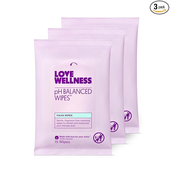 Love Wellness pH Balanced Wipes for Women | Feminine Hygiene for Cleansing with Aloe Vera | Fragrance-Free Intimate Health | Moisturizing, Soothing & Calming for Sensitive Skin | Travel Size | 3-Pack