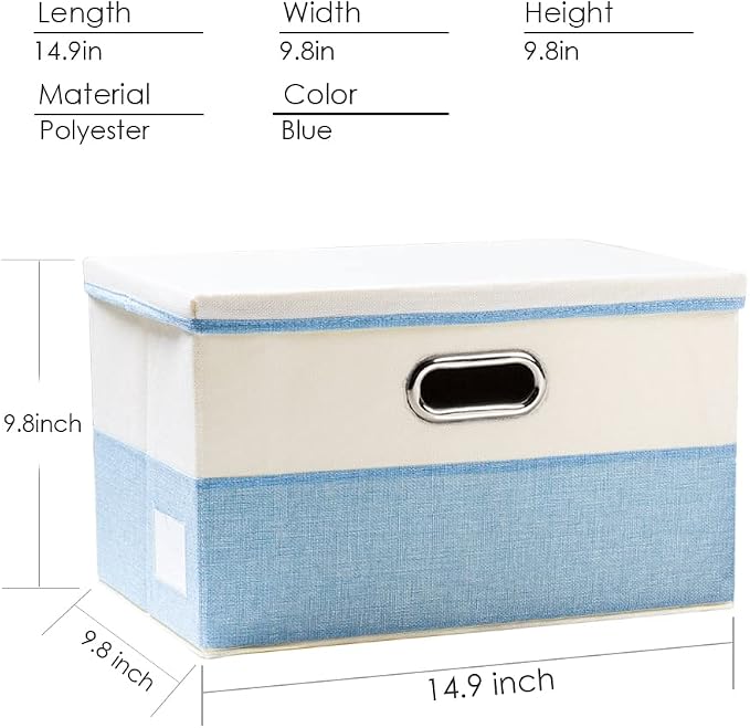 Collapsible Storage Bin with Lid [3-Pack] Fabric Foldable Storage Box Organizer Container Basket Cube with Cover for Home Bedroom Closet Office Nursery Blue&Cream(14.9x9.8x9.8)