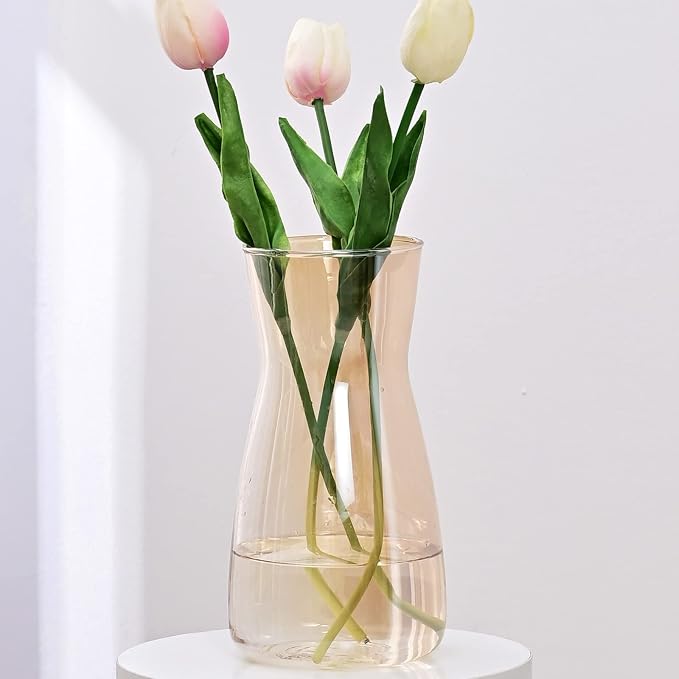 8 Inch Amber Glass Vase for Flowers, Modern Boho Table Decor | Farmhouse Vases For Rustic Vintage Living Room Kitchen Bedroom Halloween Christmas Decor House Book Shelf Office Decor