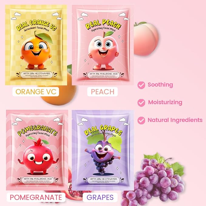 evpct 12-Pack Fruit Sheet Face Facial Masks for Women Skincare Spa, Facial Spa Day Slumber Sleepover Birthday Party Favors Supplies, Natural Ingredients, Hydrate and Soothe for All Skin Types, SetA02