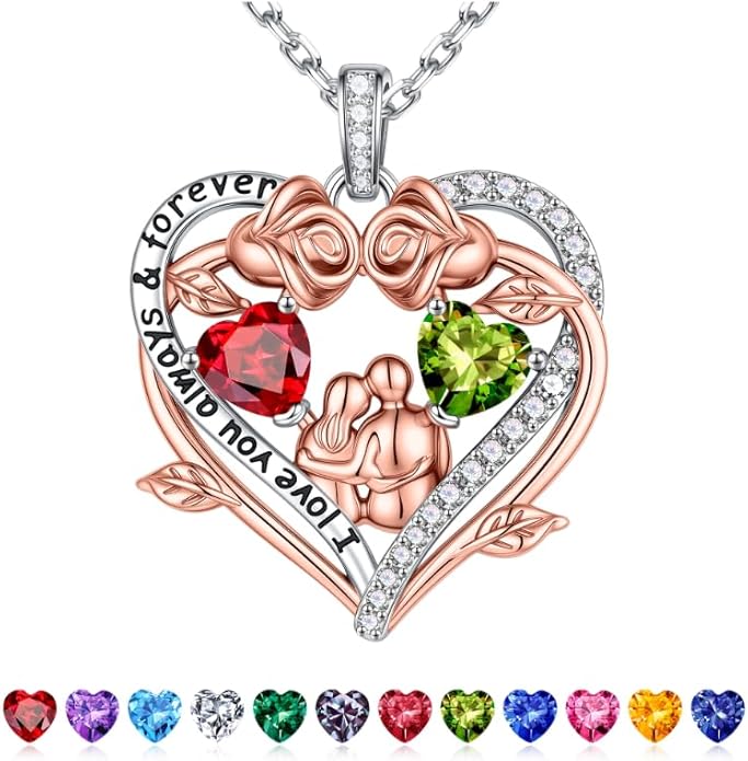 Iefil Valentines Gifts for Her Wife - 925 Sterling Silver Double Heart Birthstone Necklace, Anniversary Birthday Gifts for Women Wife Girlfriend