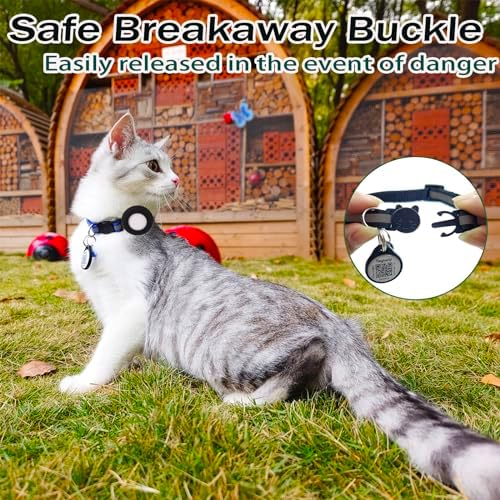 Airtag Cat Collar Breakaway With Apple Air Tag Holder, QR Code, Bell, ID Tag for Girl Boy Kitten - Reflective, Personalized Real-time Scan Alerts (Black)