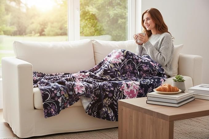 Floral Fleece Throw Blanket: Flowers Velvety Soft Vibrant Botanical Accent for Couch or Bed, Colors: Dark Navy Blue Pink Purple Yellow Green White, Oversized 50" x 70"