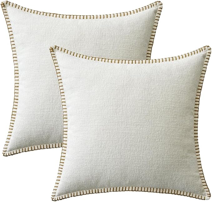 MIULEE Decorative Couch Throw Pillow Covers 18x18 Inch Pure White 2 Pack | Farmhouse Pillow Covers with Stitched Edge, Soft Chenille Cushion Cases, for Sofa Bed Living Room Home Decor