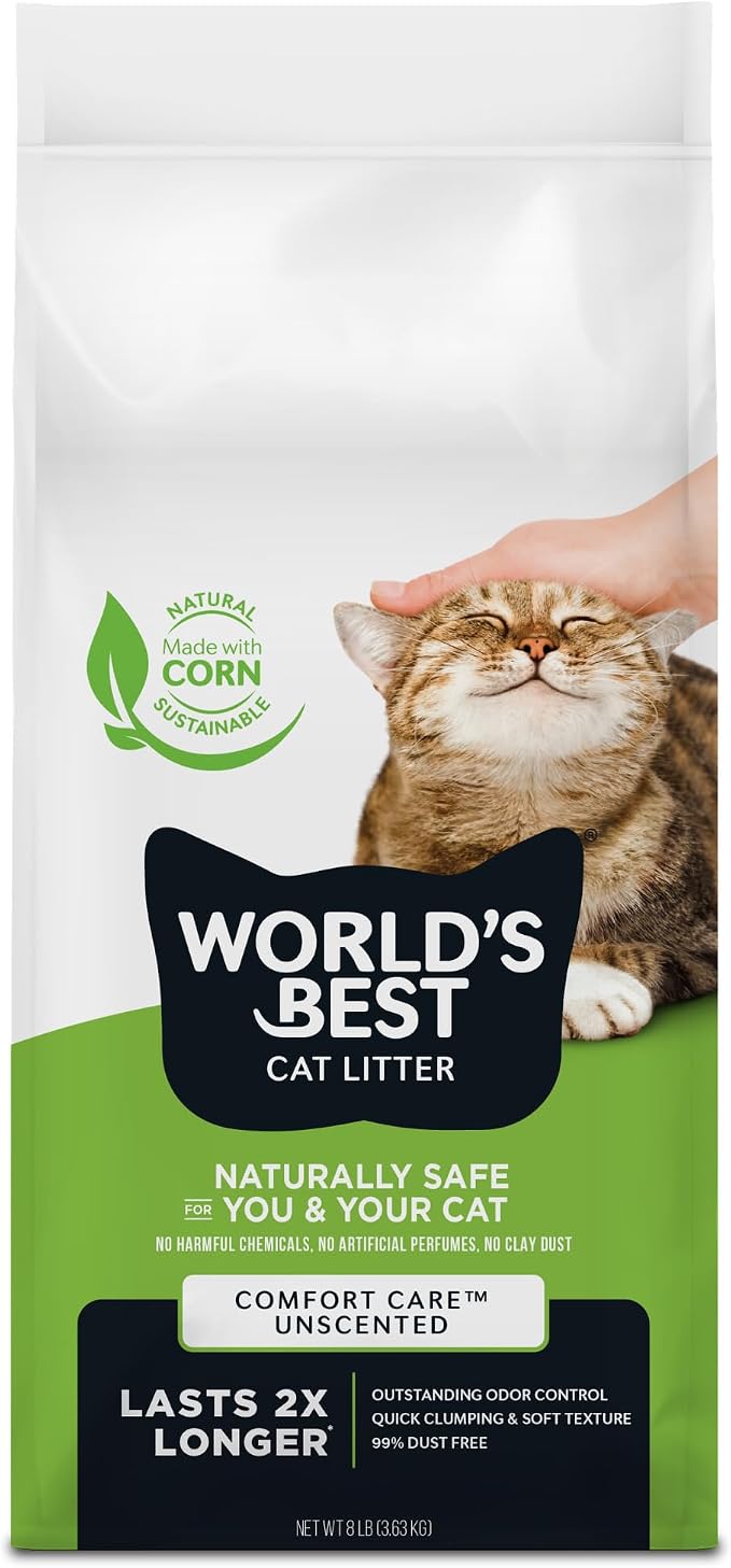 World's Best Cat Litter, Comfort Care, Unscented, Odor Control, 8 lb Bag | Gentle odor control for sensitive cats and lasts 2x longer; natural corn litter, quick clumping, flushable, 99% dust free